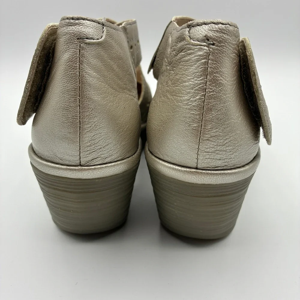 Fly London Yepe Wedge Sandals Womens 38 7.5-8 Gold Leather Perforated Mary Jane